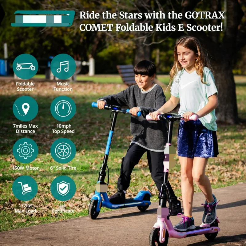 Aqgotrax comet foldable electric scooter for kids 6-12, thumb-throttle control with music speaker, 150W motor, colorful pedal li