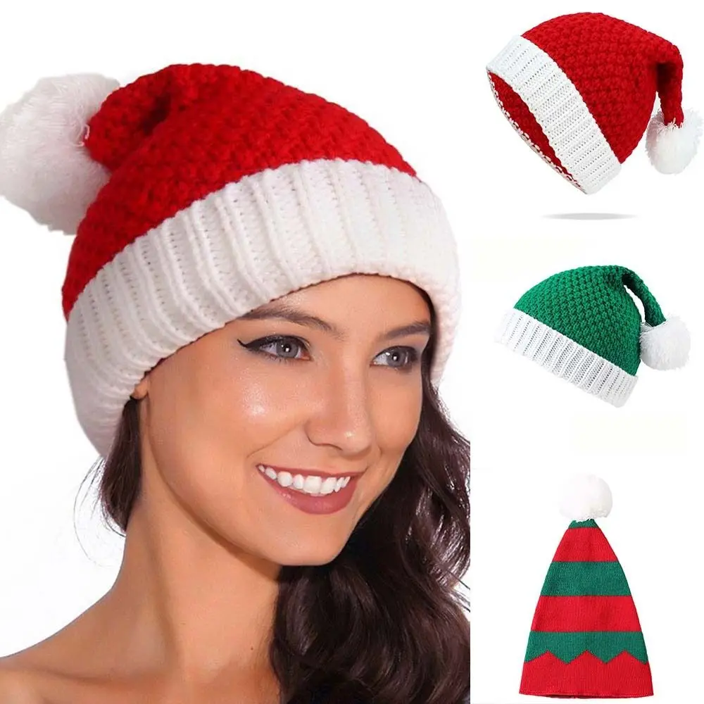 Cute Strip Knitted Christmas Hat Knitting Cartoon Plush Ball Soft Beanie Cloth Accessories Muffler Santa Hat Women