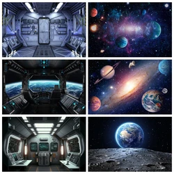 Universe Space Capsule Photography Backdrop Earth Planets Night Starry Sky Spaceship Astronaut Baby Birthday Photo Background