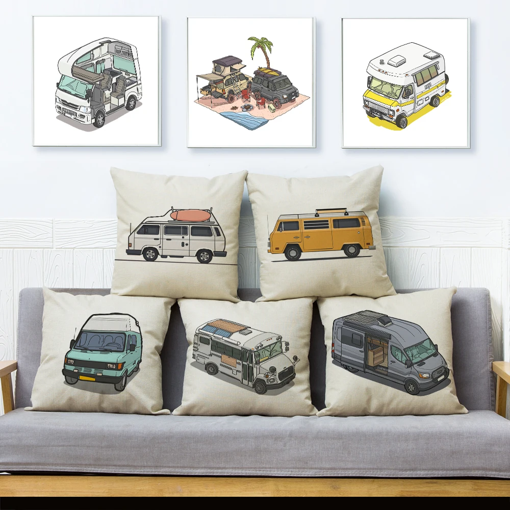 Van Life Pillow Case Decor Cartoon Camper House Travel Car Cushion Cover for Sofa Home Children Room Vanlife Pillowcase 45x45cm