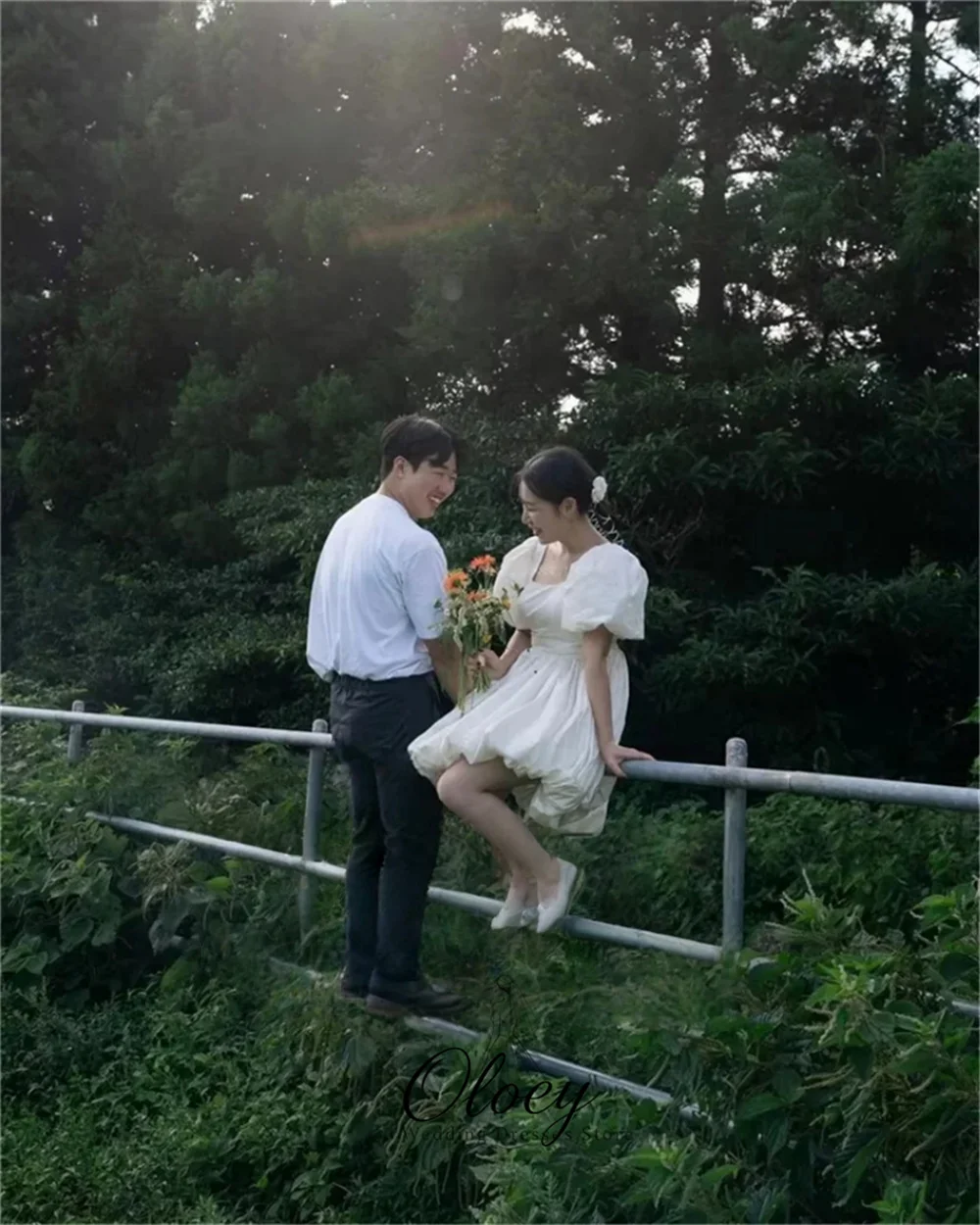 OLOEY Simple Puff Sleeve Square Collar Korea Wedding Dress Photo Shoot Customized A-Line Short Bridal Gown Lawn Wedding 웨딩드레스