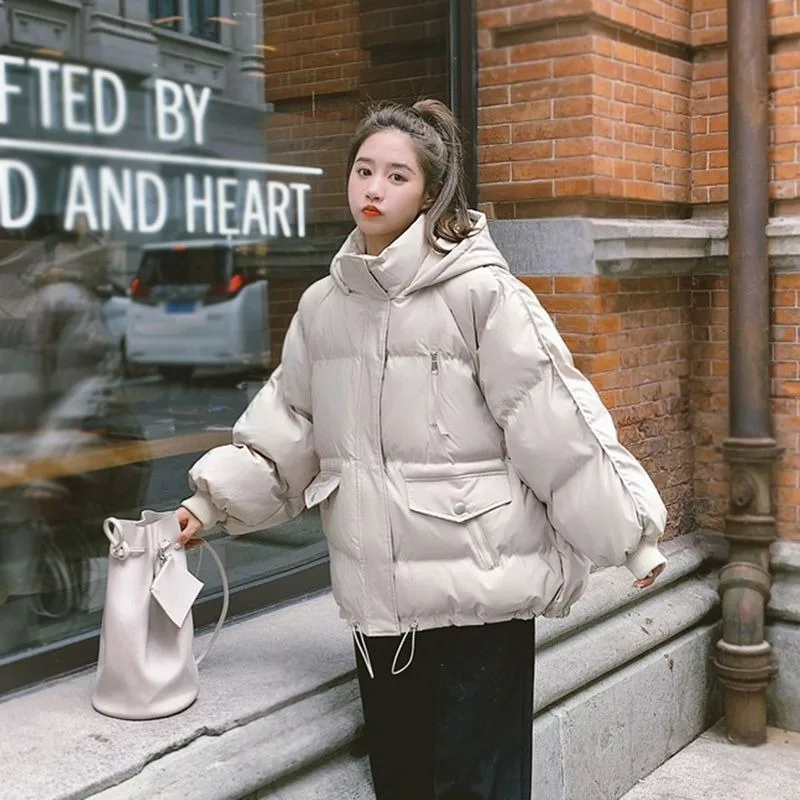 

2023 New Women Down Cotton Coat Winter Jacket Female Shotr Solid Color Parkas Loose Thick Warm Outwear Hooded Fashion Overcoat