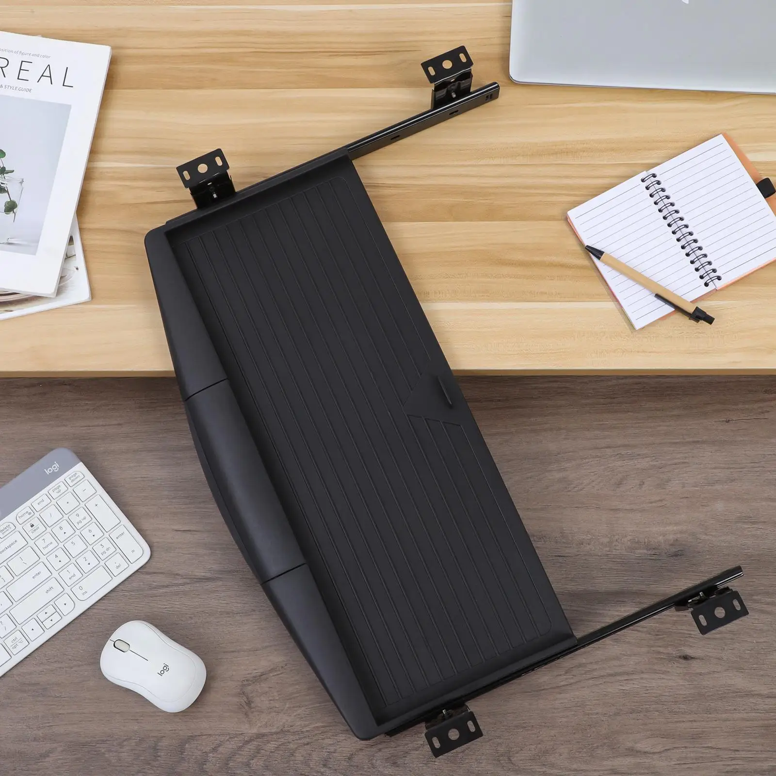 1 Adjustable Computer Keyboard Stand Black Sliding Drawer Unit Pen Holder Rotatable Mouse Pad Ergonomic Office Desk ganizer
