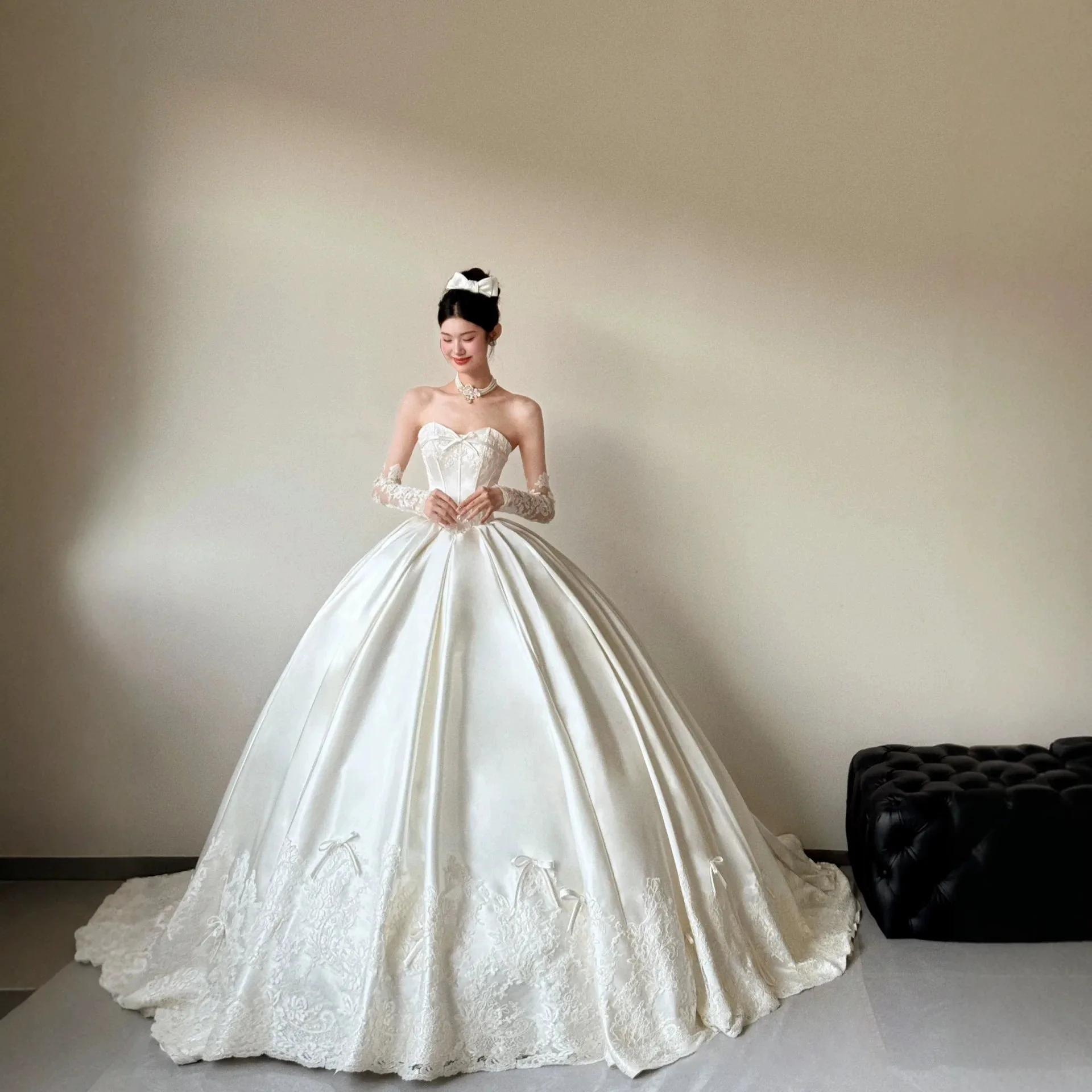 2026 New French Style Light Luxury Wedding Dress For Women Satin Embroidery Strapless High Quality Bridal Gowns Vestido De Novia