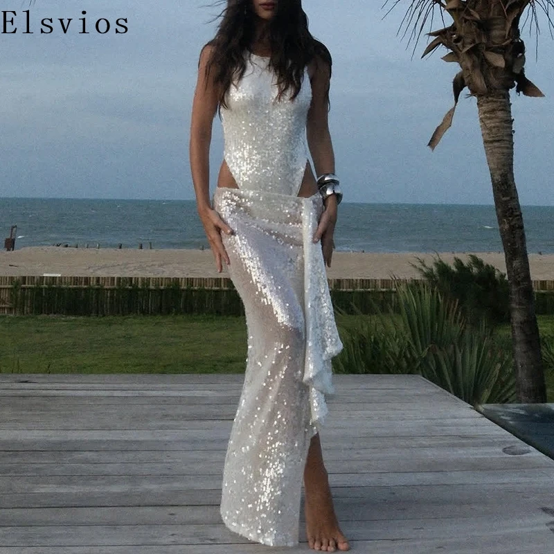 

Show Style Glitter Sleeveless O-Neck Blouse +Bodycon Skirts Suit 2025 Summer Women New Chic Slim Set Temperament Sequins Outfit
