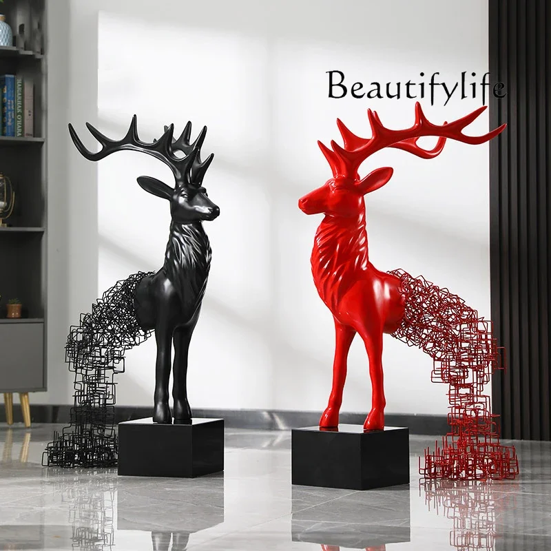 Hotel Ornaments Abstract Elk Sculpture Creative Fortune Lucky Deer Floor Frp Iron Works of Art