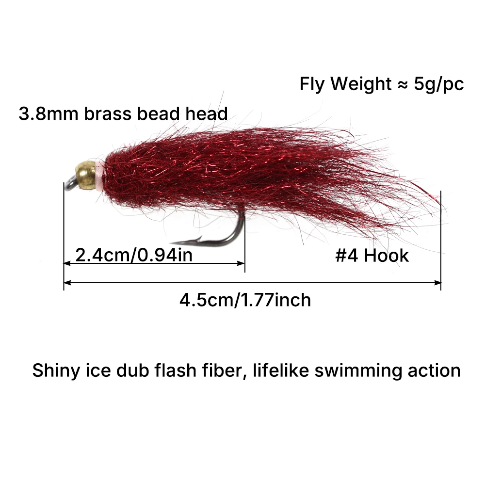 5Pcs Beadhead Ice Dub Streamer Flies #4 Brass Bead Head Flash Fiber Streamer Fly Lure for Trout Salmon Steelhead Fly Fishing