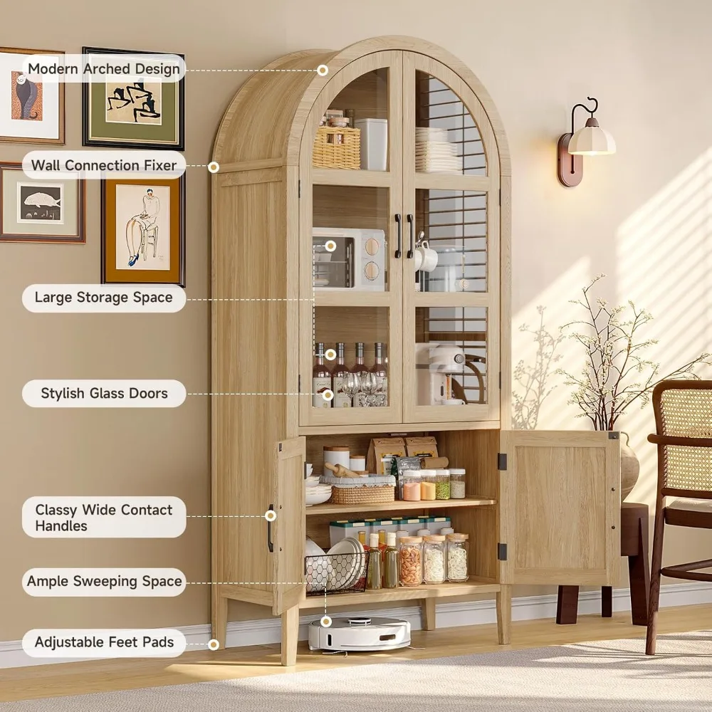 ONBRILL 71 خزانة مقوسة طويلة، مخزن مطبخ مقوس من 5 طبقات مع أبواب وأرفف زجاجية، خزائن تخزين عصرية مع إعلان #3