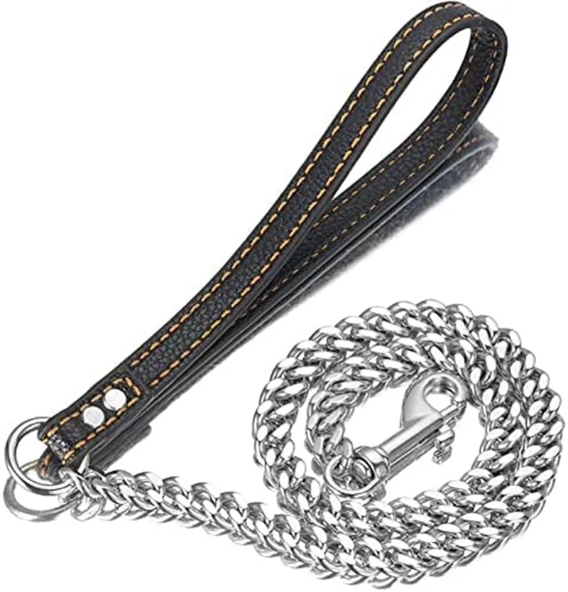 

12MM Silver Tone Stainless Steel Curb Cuban Link Chain Leash with Soft Leather Handle 3FT 4FT 5FT for Small Medium Large Dogs