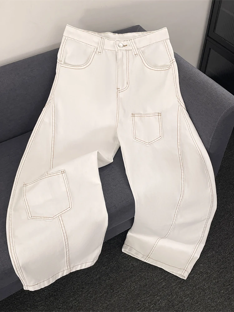 Homens branco emenda jeans bolso remendo outono calças de perna larga americano streetwear moda casual simples solto masculino calças jeans