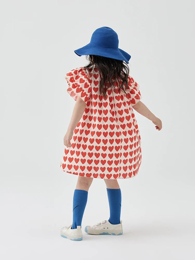 Ins Popular 100% Cotton Baby Girls Dresses 2022 Summer New Arrivals Red Heart Printed Short Sleeve Leisure Cute Style 140cm