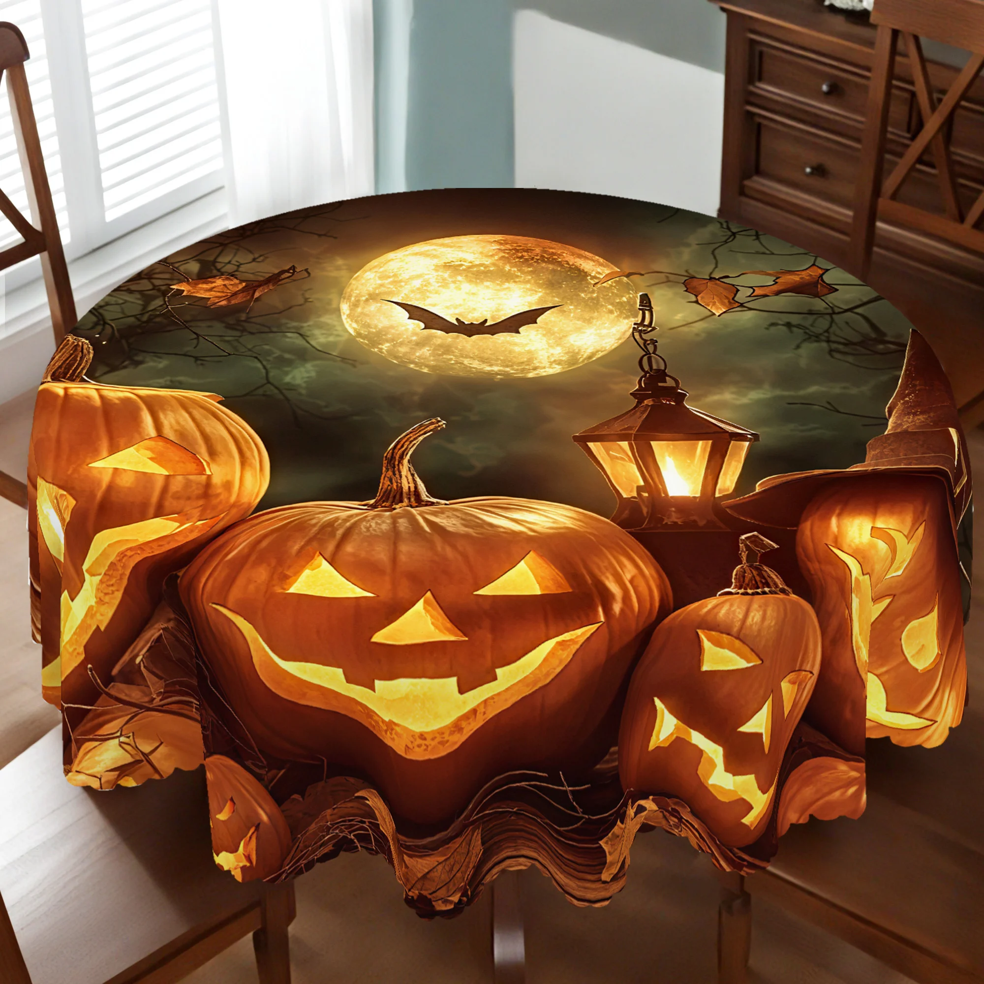 1 piece of Halloween tablecloth - featuring ghost pumpkin lanterns, bats, full moon and lantern designs zyc