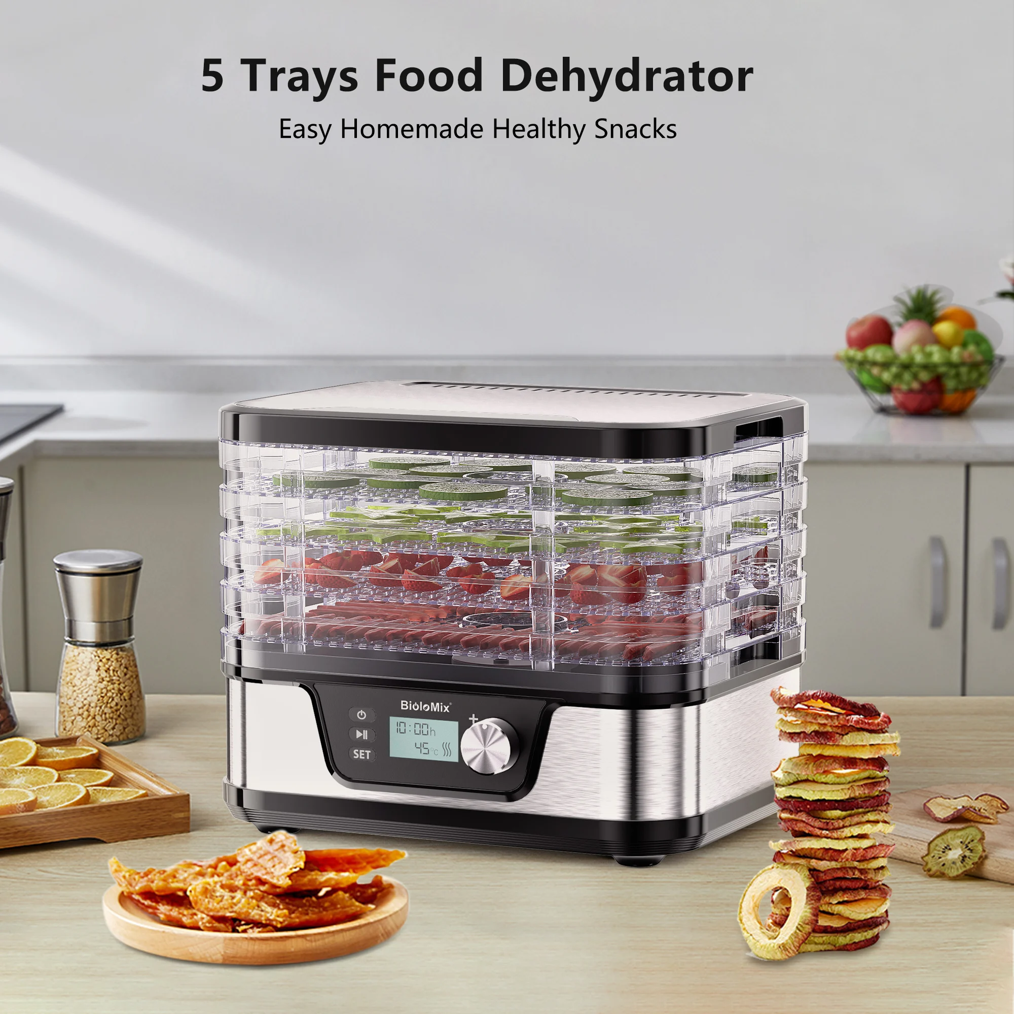 BioloMix Déshydrateur alimentaire sans BPA à 5 plateaux avec minuterie numérique et contrôle de la température pour fruits, légumes, viande, boeuf séché