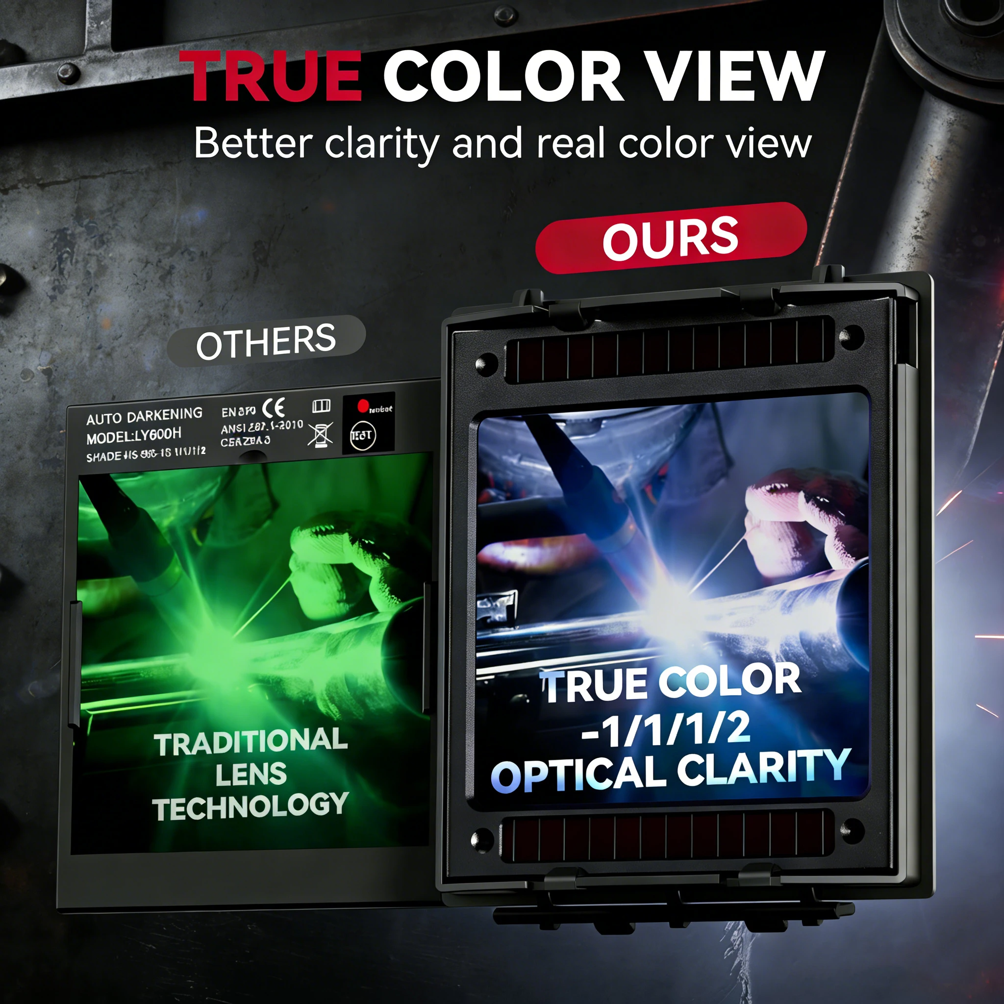 Large view 10 cm x 9.3 cm true color automatic darkening welding helmet with light, solar welding hood,4 arc sensors wide lampsh image 6
