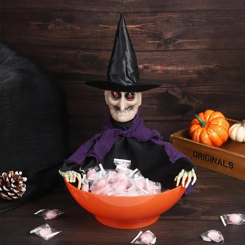 

Halloween Witch Scream Candy Bowl Witch Candy Stand with Lights and Mobile Haunted House for Home Holiday Decoration