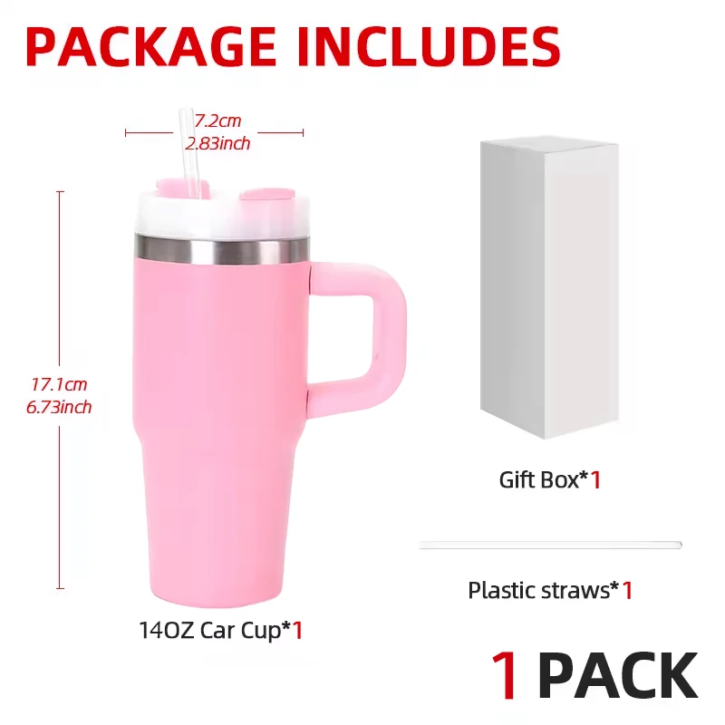 1 PACK 14OZ double wall stainless steel Vacuum tumbler with handle plastic straw camping party term begins