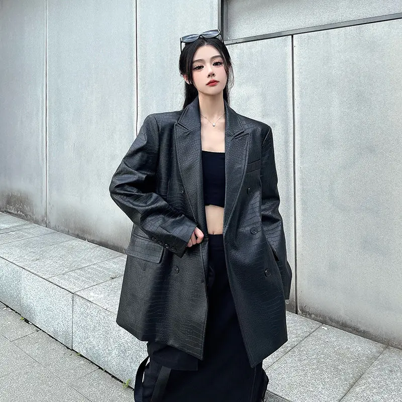 Women's Autumn Winter Jacket Tops Suit Crocodile Button Mid-length Lapel Loose Fashion Premium Design Leisure Simple Brand New