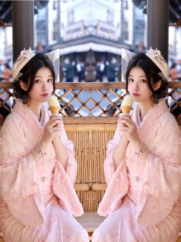 

Revised Formal Pink Lace Kimono Vintage Photography Atmosphere Gentle Photography Clothing Stage Costume Women's Fashion