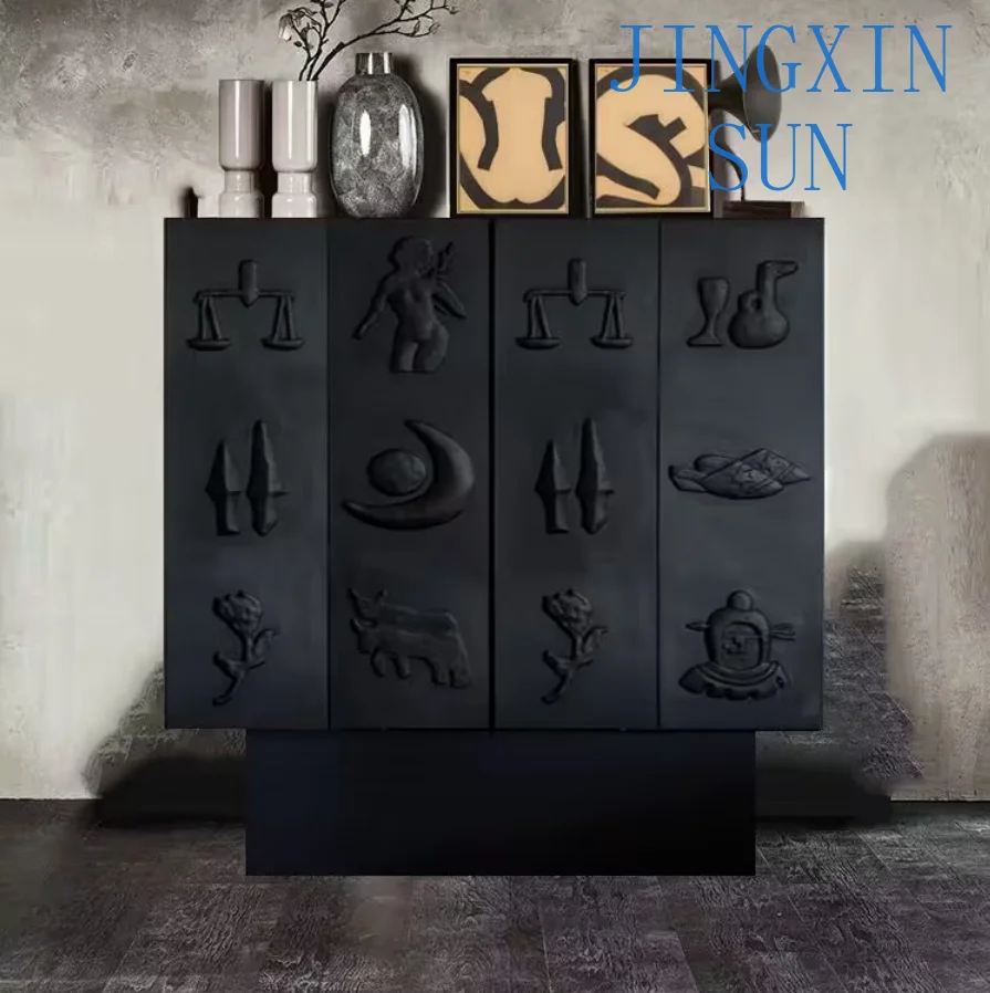 Art high-end wine cabinet, living room, dining side cabinet, painted high cabinet against the wall, retro abstract side cabinet