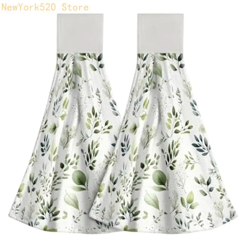 2Pcs Space Saving Hanging Hand Towels Quick Dry Absorbent Pattern Kitchen Tie Towel Dish Cloth with Hanging Loop N84C