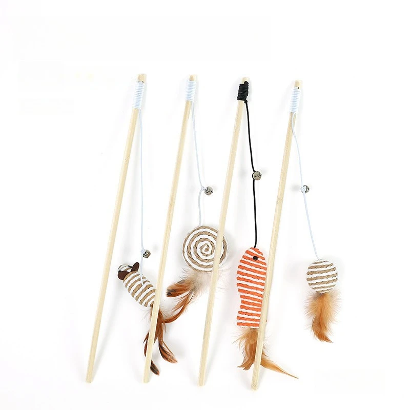 

Mouse Cat Teaser Wand Feather Bell Wooden Rod Interactive Extended Length Cat Toy Pet Supplies Cotton Linen Solid Wood Cat Toy