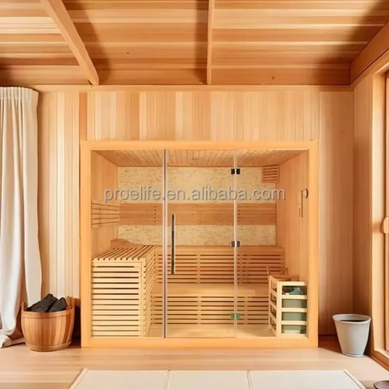Modern 6KW Electric Dry Steam Sauna Room Large Window Bright Design Solid Hemlock Eco-Friendly Plug Powered 3-4