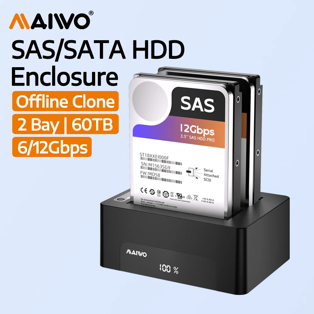 MAIWO Offline Clone 2 Bay 2.5/3.5 Inch SAS External Hard Drive Enclosure for 2.5/3.5" SAS SATA HDD SSD Disk Case HDD Box Dock