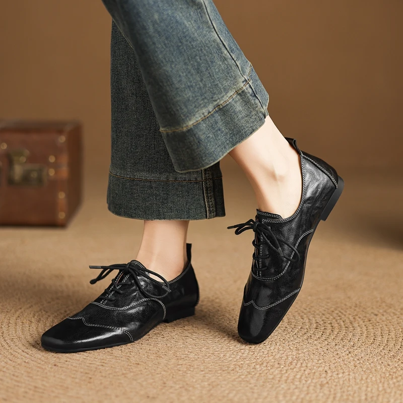 Women's new spring and autumn genuine leather sheepskin comfortable low heel lace up fashion shoes casual retro single shoes