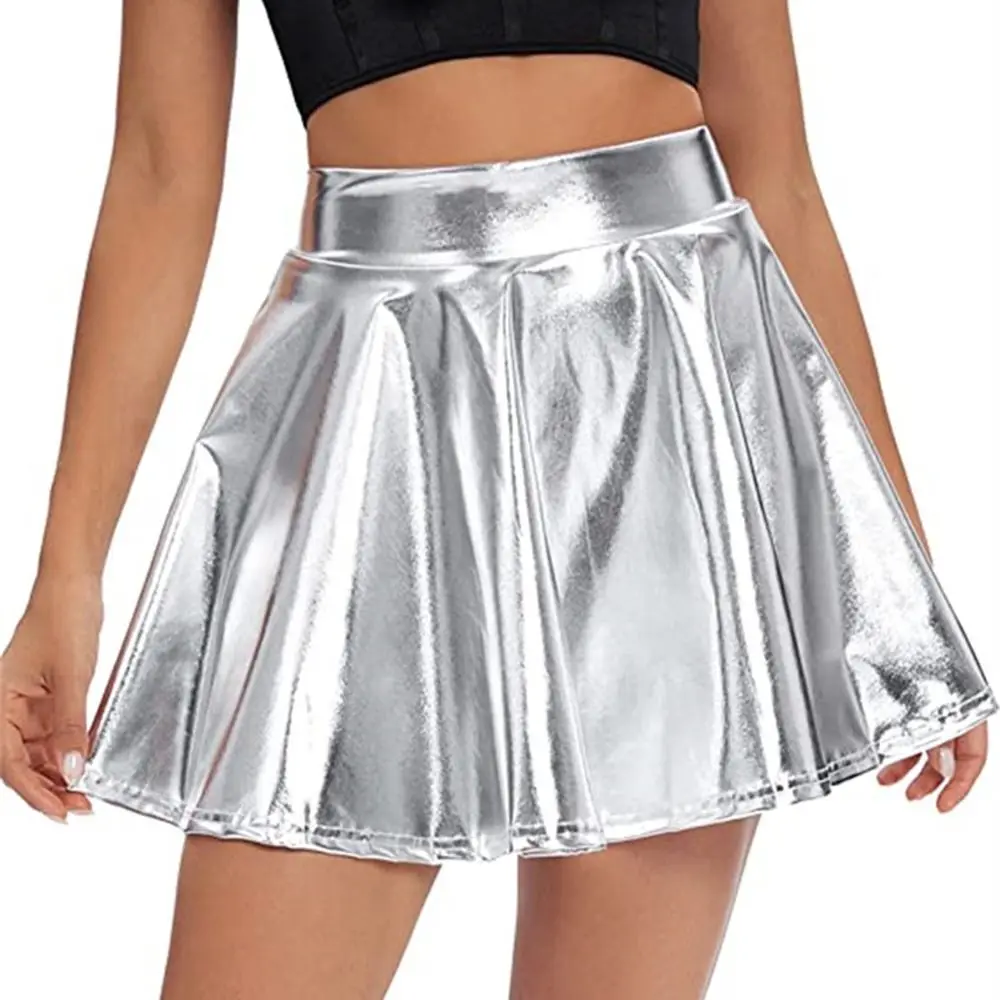 Elegant Metallic Pleated Skirt Gold Silver Flared Design A-line Short Skirt Retro Elastic Girls Short Mini Skirt Stage Costume