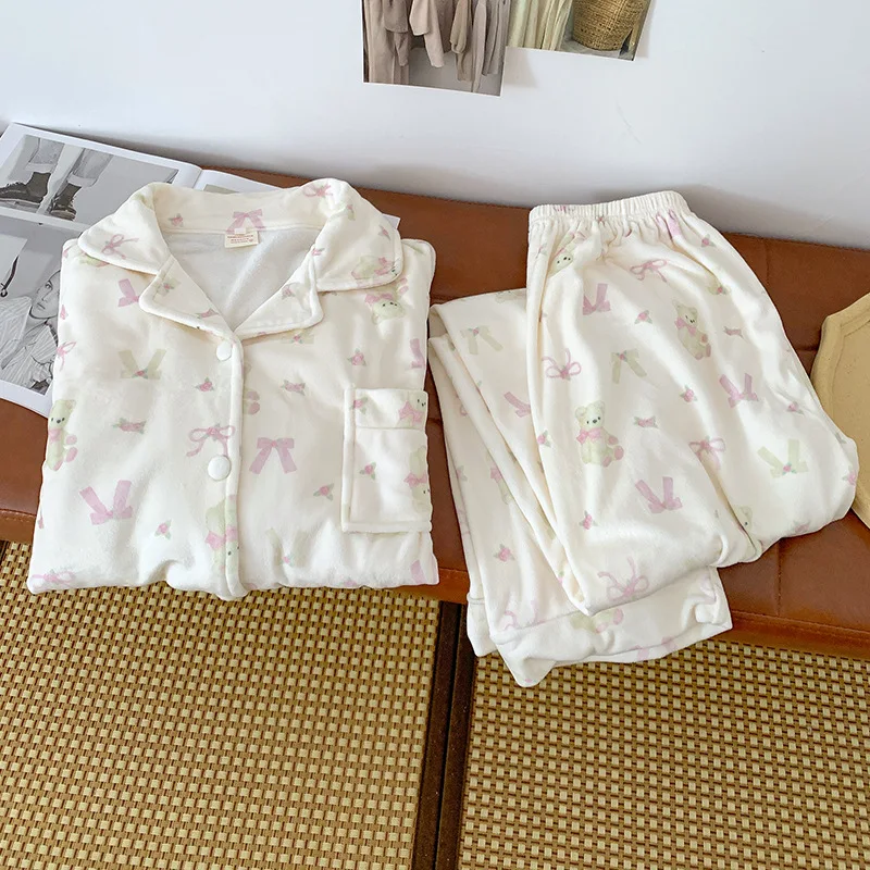 Pijamas de mujer Otoño Invierno nuevo modelo ropa de dormir cómoda cárdigan de manga larga pijama de algodón grueso traje para casa que mantiene el calor