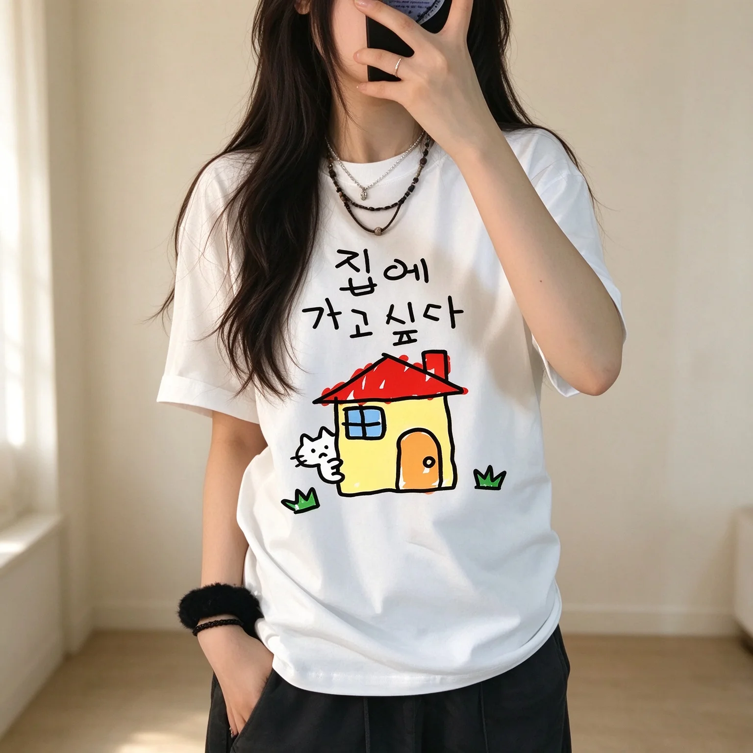 Cute Doodle Cat House Korean Text Graphic T Shirt Women Hand Drawn Cartoon Print Short Sleeve Crew Neck Casual Tee