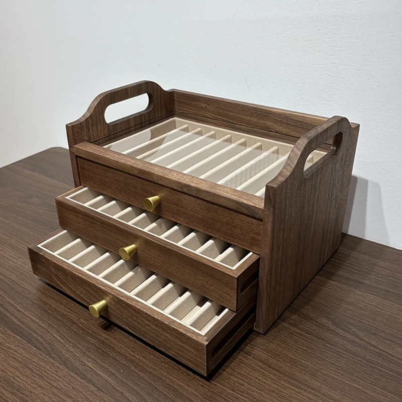 Large Capacity Drawer Case Black Walnut Wood Pen Storage Box Multi-layer Drawer Display Box Brass Handle Desk Organizer