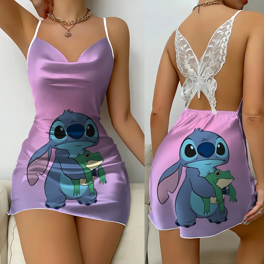 Gaun malam renda kupu-kupu seksi wanita, gaun malam renda kupu-kupu punggung terbuka motif Disney Stitch baru imut sederhana modis musim panas