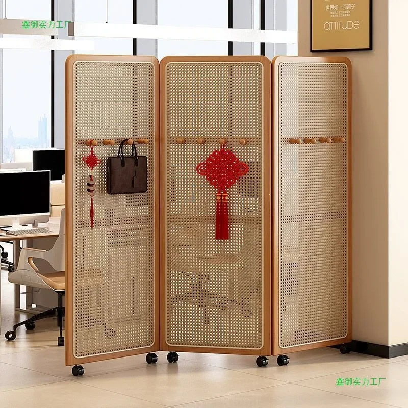 Screen partition living room foldable mobile background wall household bedroom rattan shielding grille with pulley