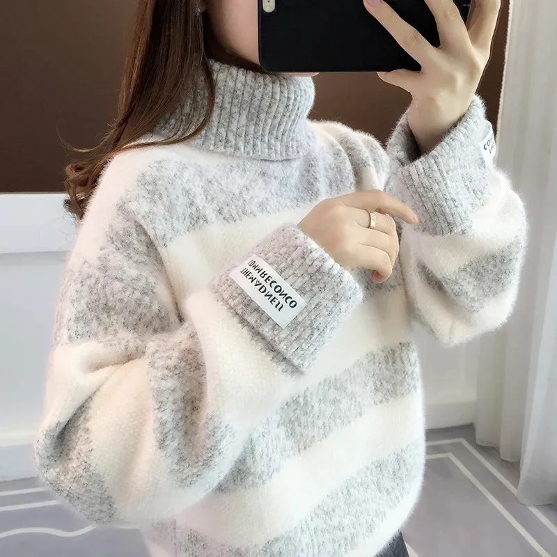 Y2K Spring Autumn High-Necked Sweater 2024 New Thicken Women's Clothes Pullover Top Fashion Stripe Loose Female Knitwear Blouse