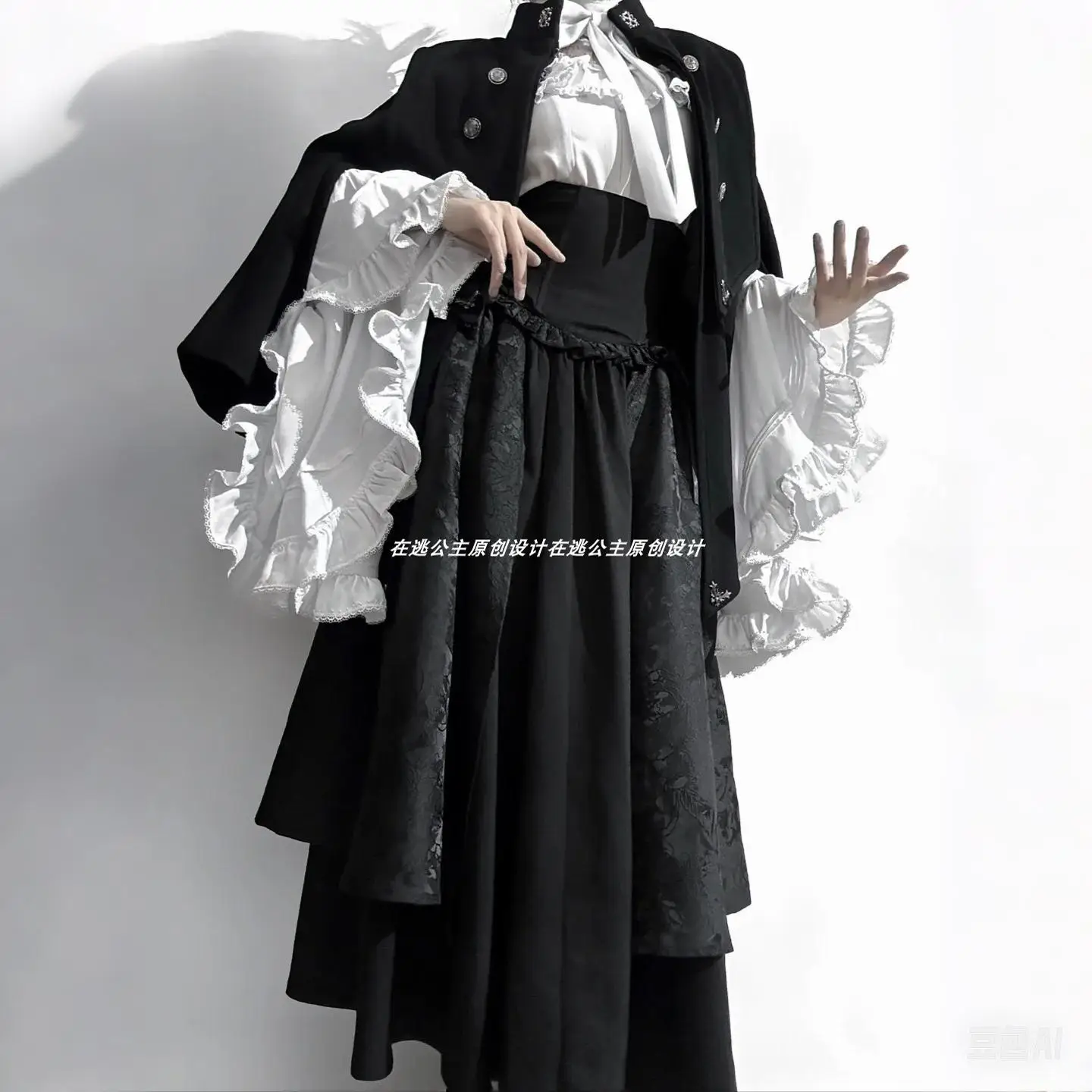 Gothic Lolita Waist Cinching Vintage Elegant Flare Sleeve Shirt Cool Girl High Waist A-line Versatile Black Irregular Skirt