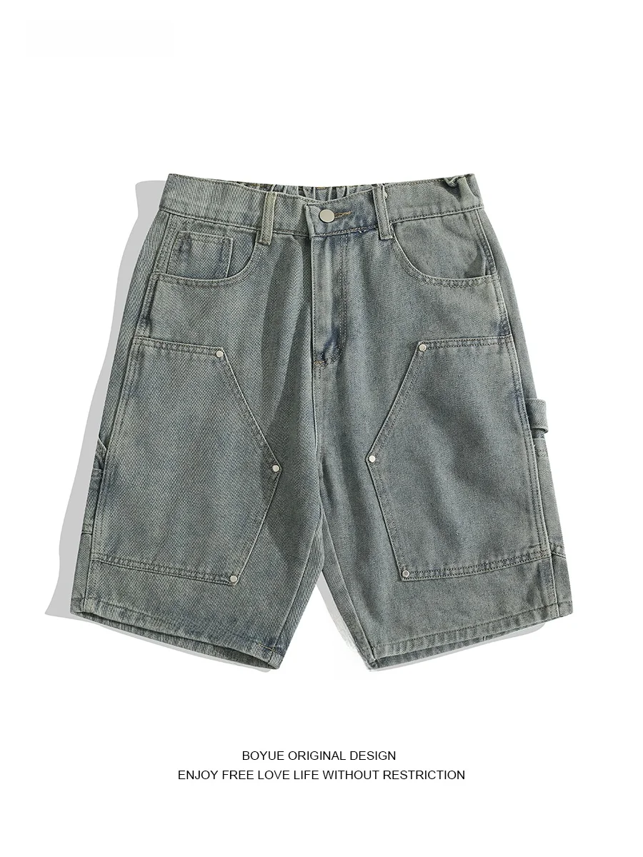 

Boyue Men's Denim orts with Rivet Splicing And Multiple kets Straight Leg Five-Quarter Casual Faionable Summer orts