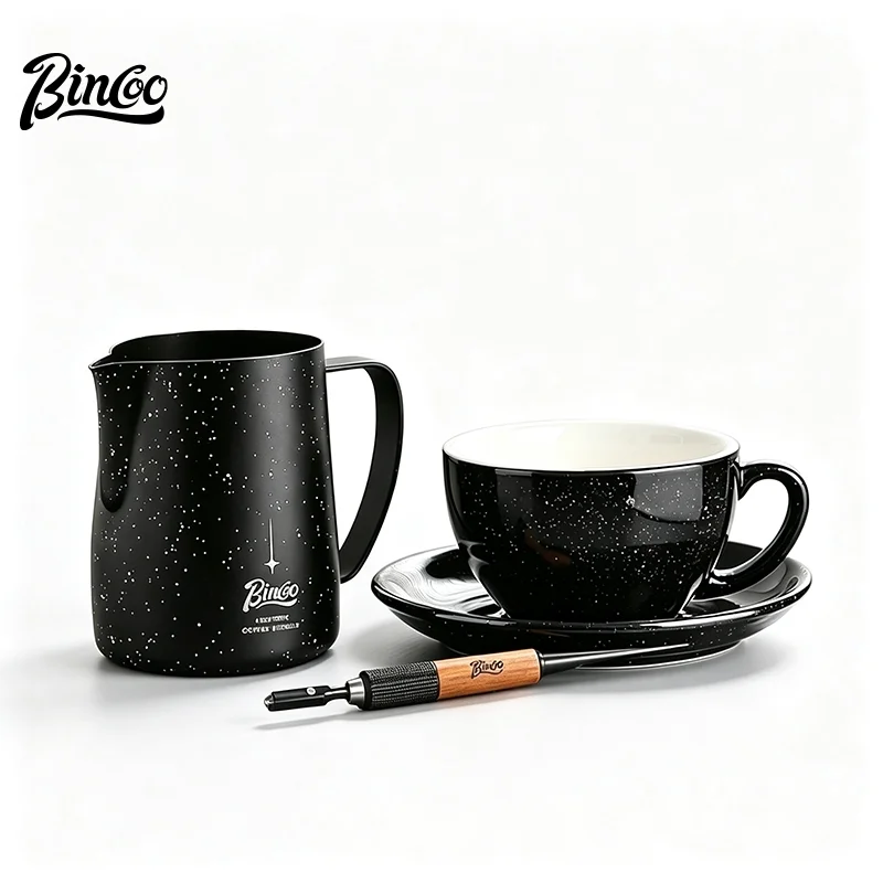 BINCOO Starry‑Sky Milk Pitcher Set, 3‑Piece Kit Stainless Steel Latte Art Pitcher 350ML/600ML with Latte Art Pen & Ceramic Coffe