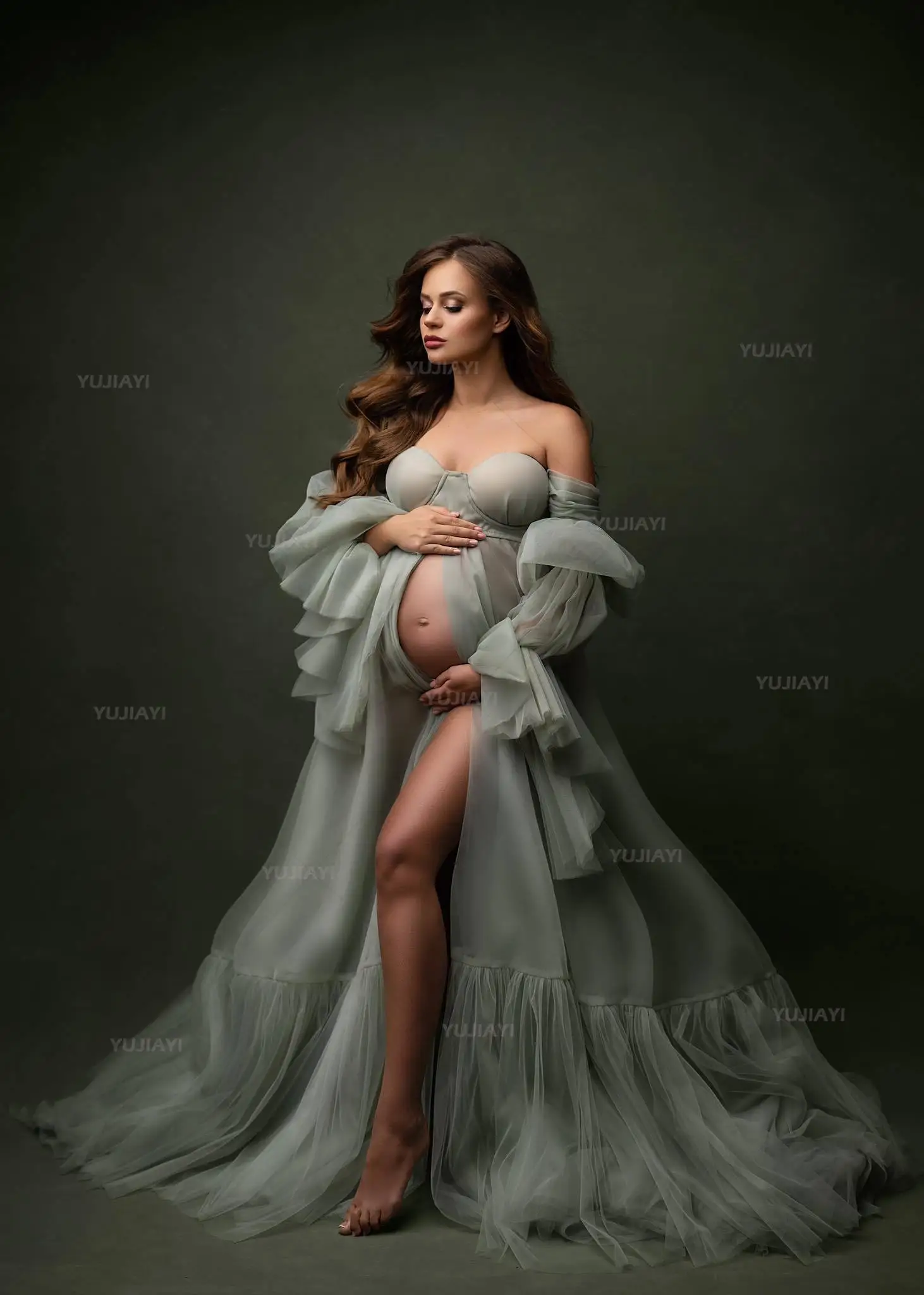 Maternity Dresses for Photoshoot Fluffy Tulle Tiered Ruffles Pregnant Woman Long Robe Wedding Evening Gown Bridal Nightgown