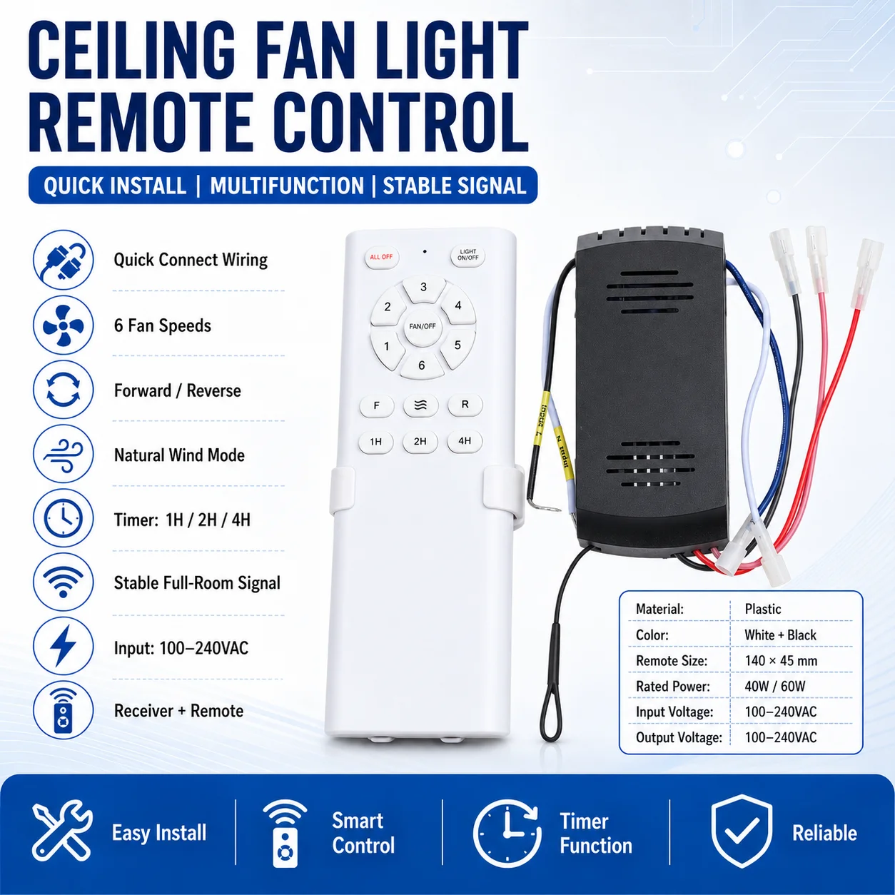 40W 60W Deckenventilator mit Licht, Fernbedienung, 6-stufiger Geschwindigkeitsregelung, Vorwärts-/Rückwärtslauf, Timer-Funktion und Kunststoffgehäuse