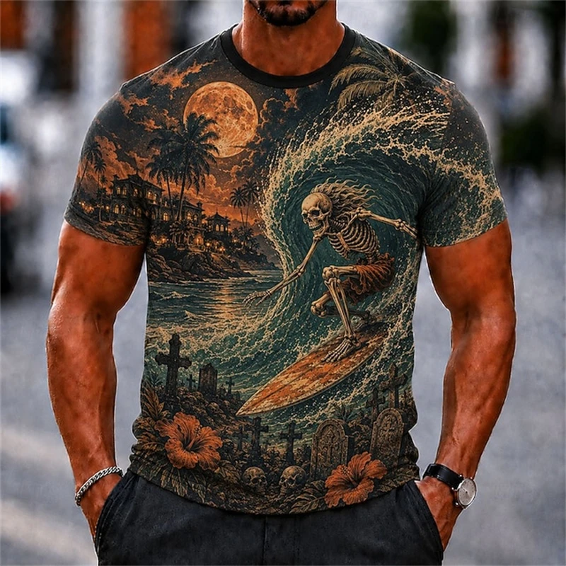 2026 Men's Round-Neck Hawaiian-Style Short-Sleeve T-Shirt with Skull Surf Print, Halloween-Themed Top Vacation Party Top