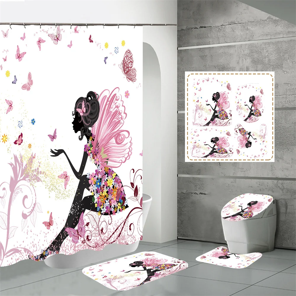 

Butterfly Girl Shower Curtain 4-piece Butterfly Girl bathroom floor mat Toilet carpet Super soft shower Curtain Waterproof Home