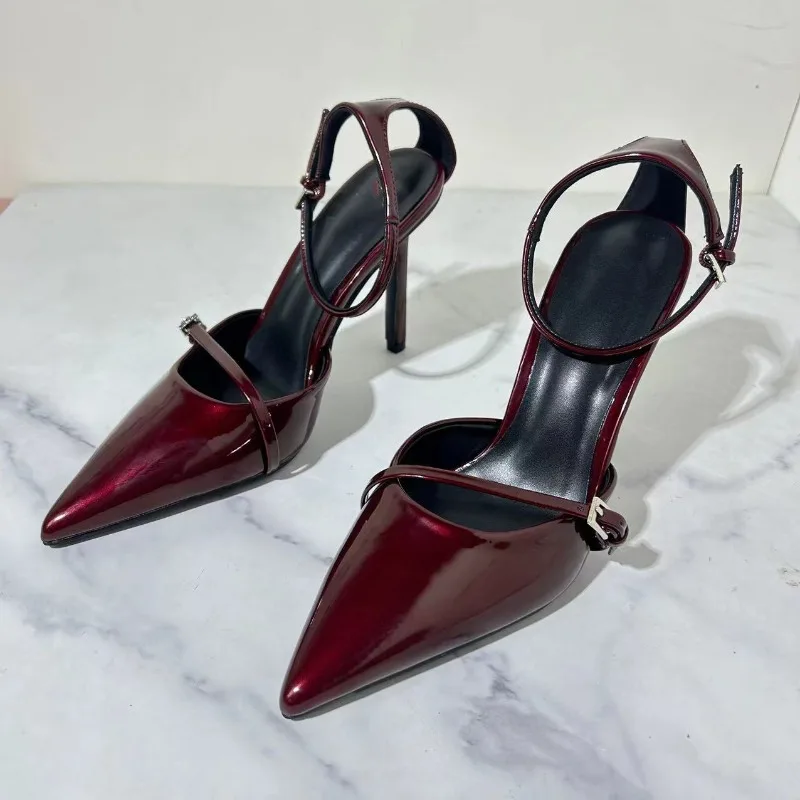 Red Ankle Metal Buckle Pumps Women Point Head Patent Leather Stilettos Summer Sexy Thin High Heels Sandals For Woman