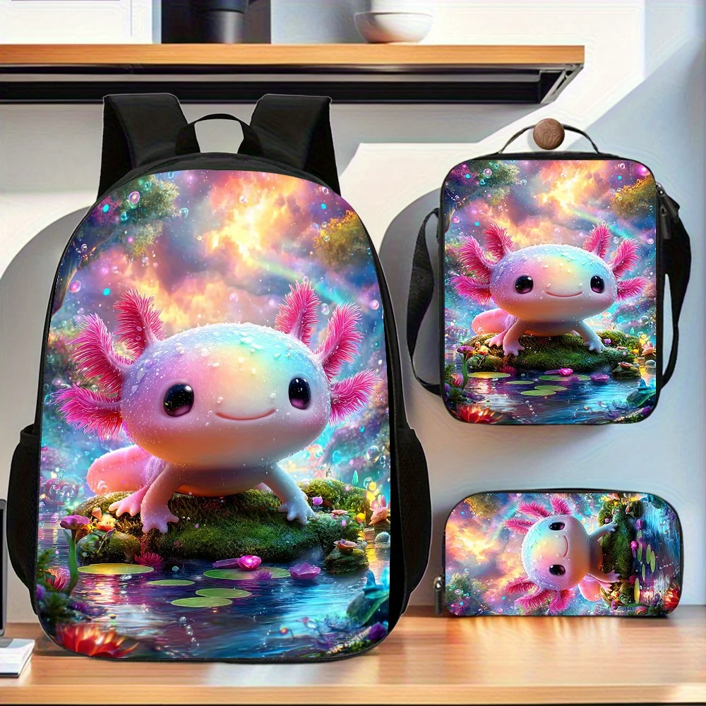 

Axolotls Backpack 3pcs/ set Pencil Bag Crossbody Bag School Bag Student Commuting Large Capacity Casual Polyester, Lightweight,