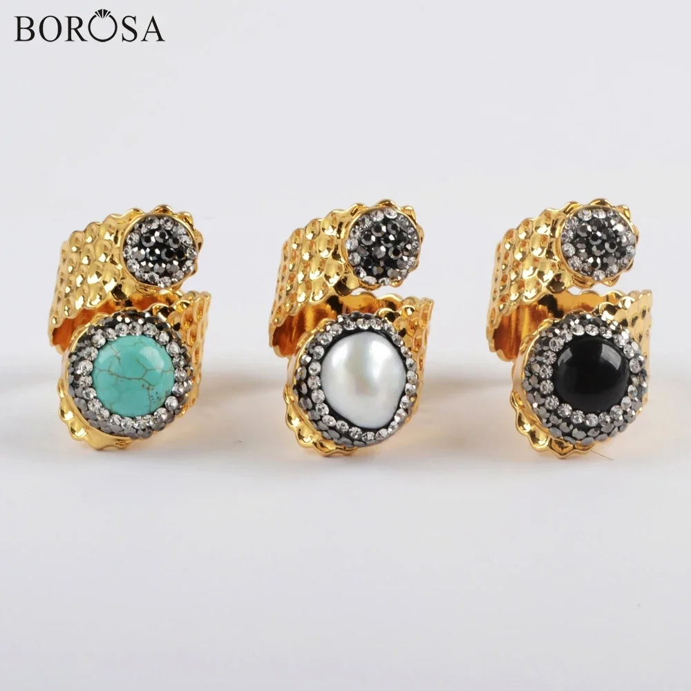 BOROSA 5Pcs New Golden Color Double Round Rhinestone Paved Pearl Blue Howlite Turquoises Black Agates Band Ring Jewelry Gifts