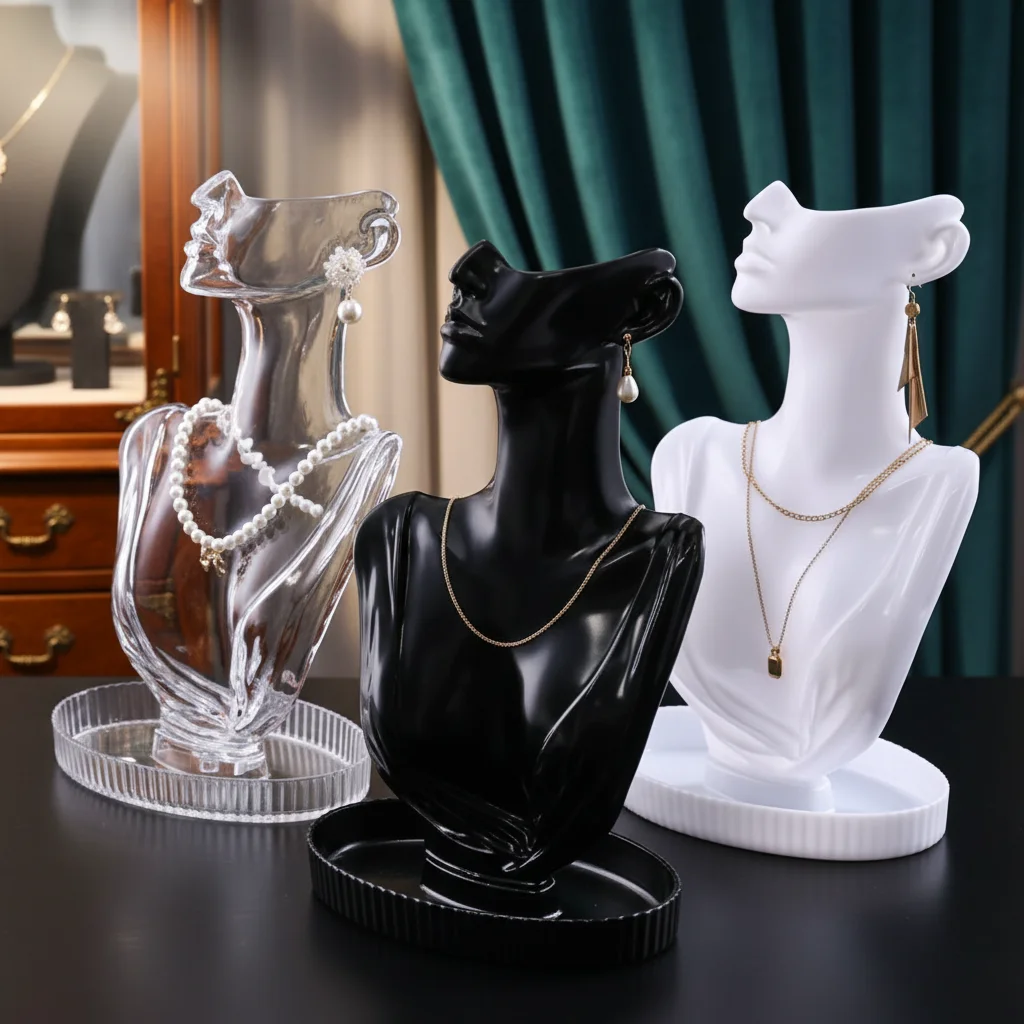 Expositor de Joyería para Collares, Pendientes y Colgantes, Modelo de Cuello de Maniquí de Plástico para Exhibición en Vitrina