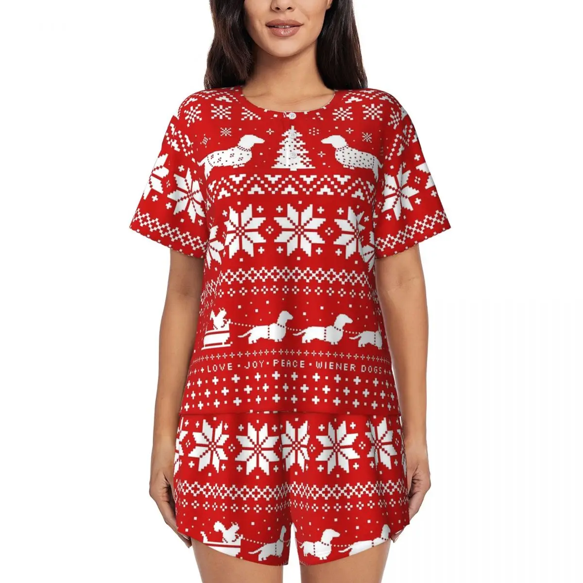 

Dachshunds Christmas Pajamas Vintage Print Aesthetic O Neck Sleepwear Women 2 Pieces Graphic Short Sleeve Funny Pajamas Set