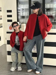 Family Matching Autumn Spring Sweater Kids Girls Boys Christmas Red Knit Sweater Mother Son Daughter Cardigan