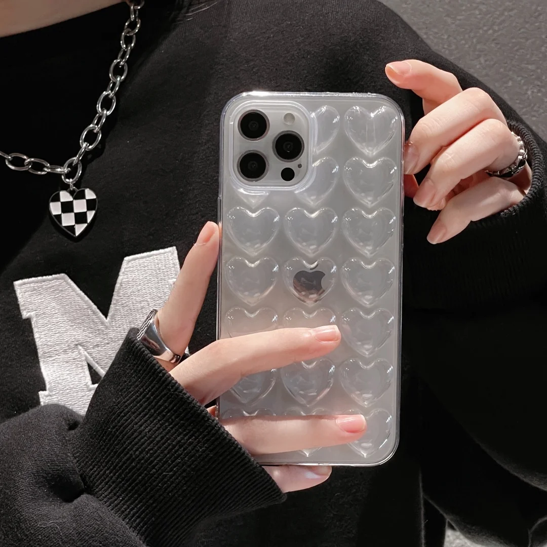 

Transparent 3D Heart Soft TPU Phone Case For iPhone 16 15 14 13 12 Mini 11 17 Pro Max 7 8 Plus XS Lovely Glossy Touch Back Cover