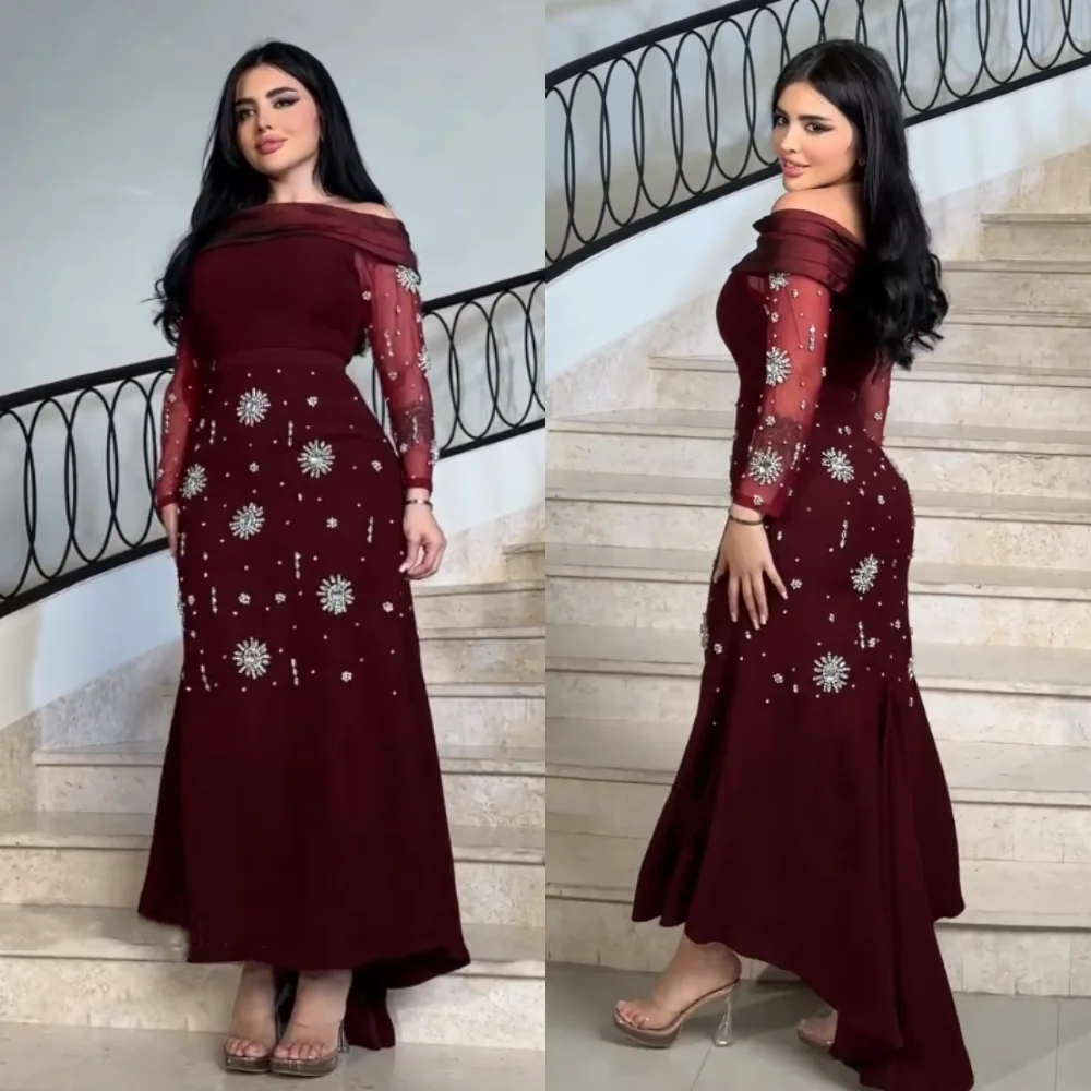 Customized Jersey Rhinestone Off-the-shoulder Trumpet Hi-Lo Dresses Bespoke Occasion Evening Dresses Luxury Sparkle Party Gown